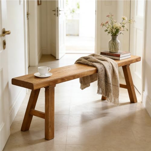 Farmhouse - Banco de entrada de madera maciza, asiento de comedor resistente de 71 pulgadas para dormitorio y cocina, banco estrecho de madera rústica, muebles elegantes y duraderos