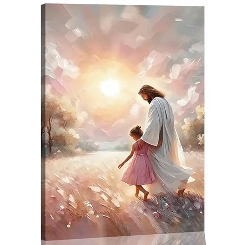 Image of Jesus and Girl Wall Art Christian Poster Painting Jesus and Children Canvas Art Print Soft Pink Sunset Landscape Wall Decor Picture For Baby Girl Room Nursery Room Living Room Bathroom Religious Decorations 12*16 in (Canvas)
