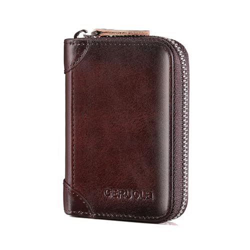 Genuine Leather Credit Card Holder Case RFID Blocking Travel Passport Wallet， Small Card Case for Men Accordion Wallet with Zipper ，Compact Size (Coffee)