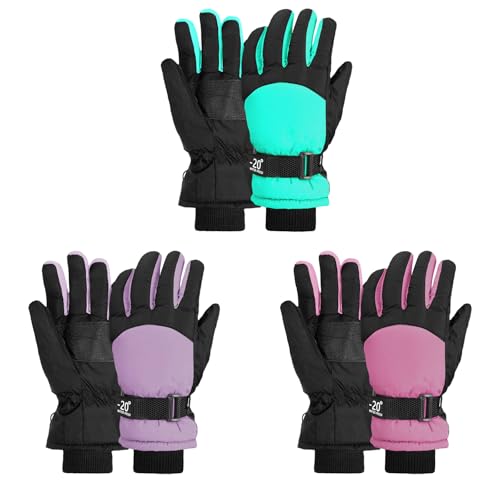 LYDTICK 3 Pairs Kids Winter Gloves Waterproof Snow Ski Gloves for Boys Girls Toddler Outdoor Warm Snowboard Mittens, Color A, 6-10 Years