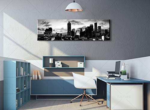 Image of DJSYLIFE Atlanta Skyline Wall Art Cityscape Picture Decor 13.8 inchx47.3 inch | Black and White Canvas Print, City Building Panoramic,Night View Modern Decoration,Office Study Bedroom Home Decorations