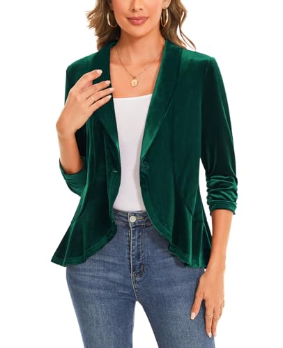 MINTLIMIT Women's Velvet Blazer Ruched 3/4 Sleeve Shawl Lapel Button Front Ruffle Tailored Cardigan Suit Jacket Blazer2