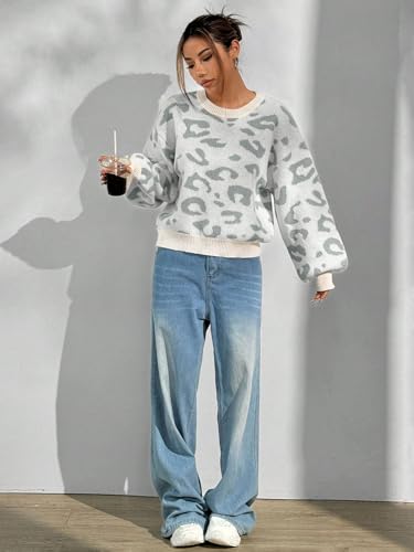Image of SHENHE Women's Vintage Leopard Print Crew Neck Drop Shoulder Loose Knit Pullover Sweater