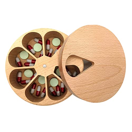 Pastillero redondo de madera natural de 7 días con tapa giratoria ecológica para cocina
