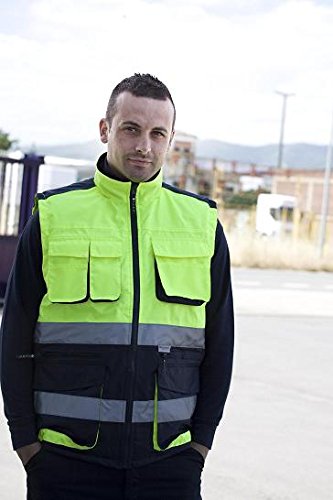 Juba Chaleco multibolsillos con bandas reflectantes 3M, acolchado, Amarillo flúor/marino, L