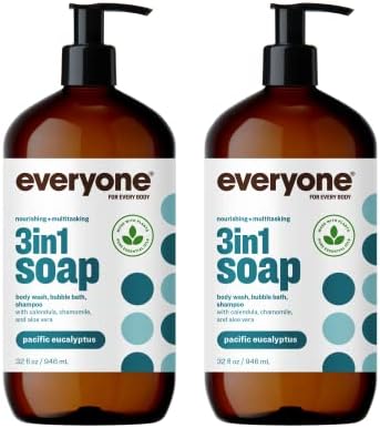 Everyone 3-in-1 Soap, Body Wash, Bubble Bath, Shampoo, 32 Ounce (Pack of 2), Pacific Eucalyptus, Coconut Cleanser with Plant Extracts and Pure Essential Oils
