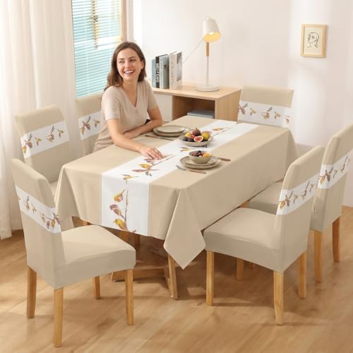 Image of Styleys Polyester Dining Chair Cover with Table Covers for Kitchen Waterproof Dining Rectangular Table Cloth (1 Table Cover + 6 Chair Cover, Beige Bird, K731)