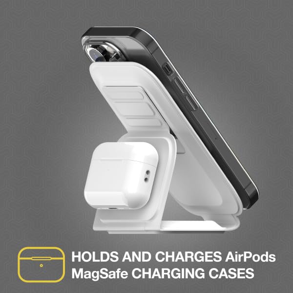 Scosche MSQFG2N1WT MagicMount™ Travel 2-in-1 Magnetic Dual Wireless Charging Station, Fast Charger Stand w/Foldable Flat Pad, Compatible with MagSafe Apple iPhone 15/14/13/12/Pro Max/Airpods, White