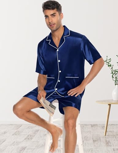 SWOMOG Mens Silk Pajama Set 2 Pieces Short Sleeve Soft Satin Sleepwear Button Down Pj4