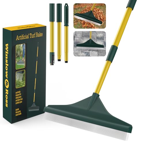 Artificial Turf Rake with Steel Telescopic Handle 32 to 55 Inch 3 Piece-Pole Easy Storage Design Garden Hand Boom Rake for Artificial Grass Carpet Pet Hair Lawn Leaves and Debris Remove Yellow