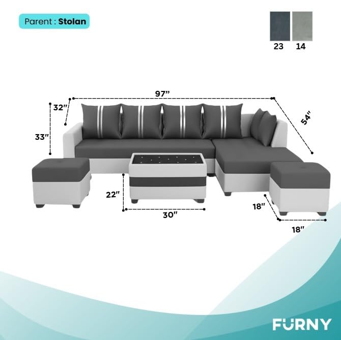 Image of FURNY Stylio 8 Seater Fabric RHS L Shape Sofa Set with 1 Centre Table & 2 Ottoman (Dark Grey-Light Grey) | Premium Velvet Finish | Durable & Comfortable Ideal for Living Room