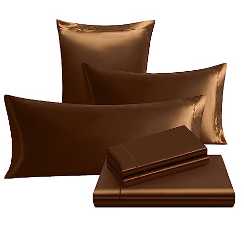 Image of Ersmak 7 Pieces Satin Sheets Set Queen Size, Luxury Silky Brown Satin Bed Sheets Set with 1 Deep Pocket Fitted Sheet, 1 Soft Flat Sheet, 4 Queen Pillowcases and 1 Body Pillowcase