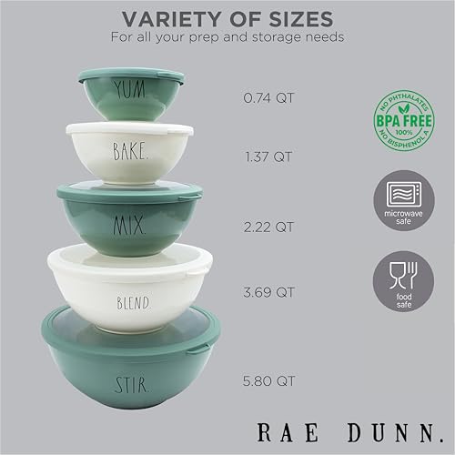 Rae Dunn Mixing Bowls with Lids - 10 Piece Plastic Nesting Bowls Set includes 5 Prep Bowls and 5 Lids (Sage) by Rae Dunn - Image 5