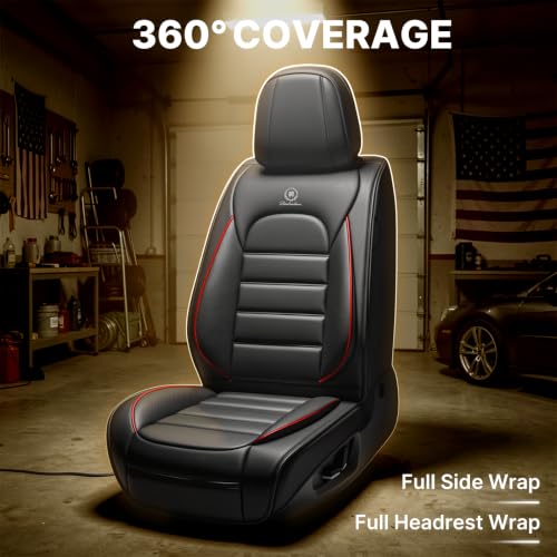 Image of Full Set Car Seat Covers for Jeep Compass 2007-2026, Waterproof Stain-Resistant Seat Cover, Premium Nappa Leather Seat Protectors with Storage Pockets(Standard 5 Seats /Black&Red)
