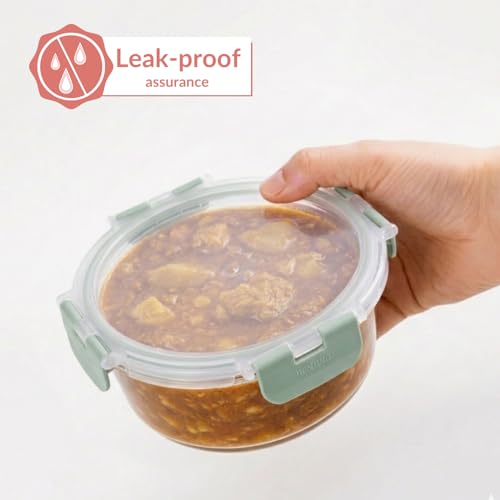 Image of Nestasia Nestro Airtight Glass Containers with Lid Set of 3 (215ml, 400ml, 600ml) | Spill Proof Round Glass Containers with Break Free Lock - Microwave, Dishwasher & Freezer Safe (Green)
