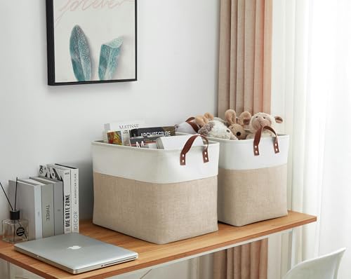 Image of DECOMOMO Large Storage Baskets | Closet Storage Bins 17x12x13inch Canvas Baskets For Storage Laundry Nursery Toys Cloth Linen (Beige & White, XXL - 3 Pack)