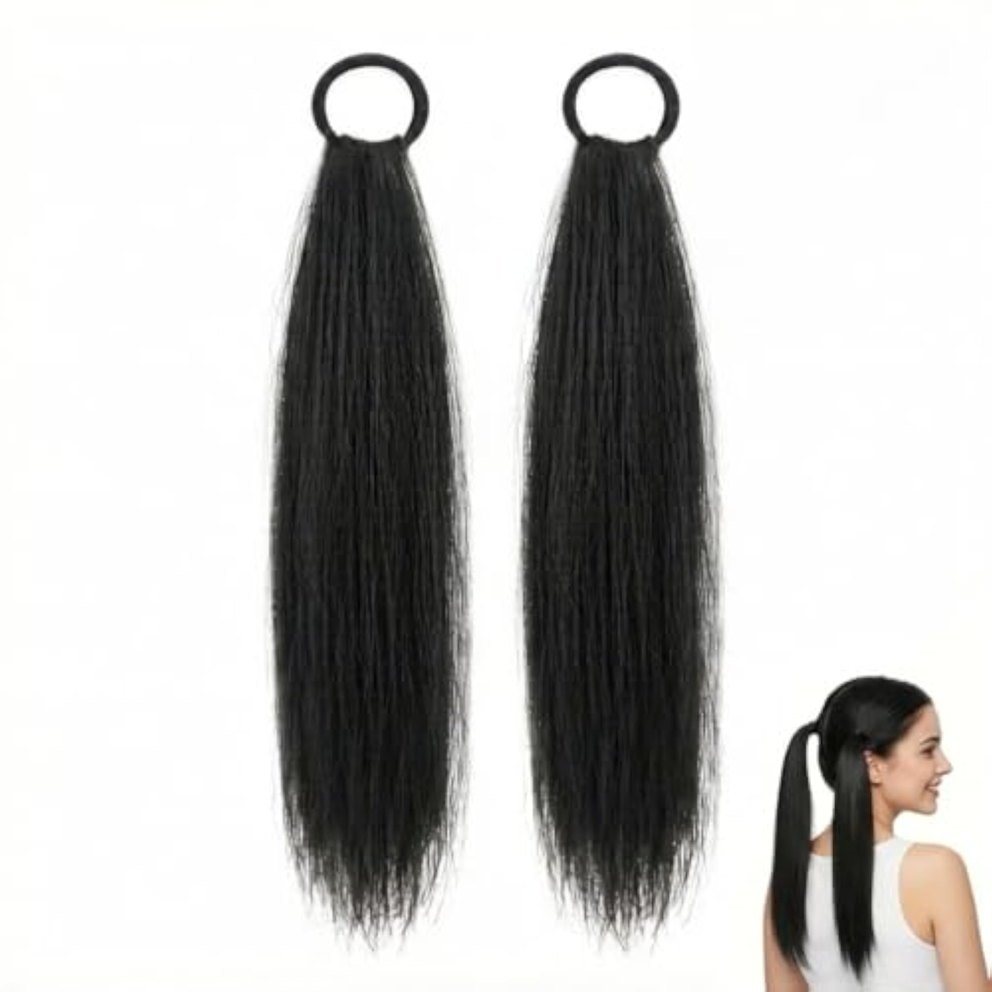 2pcs Ponytail Hair Extension, Black Long Straight