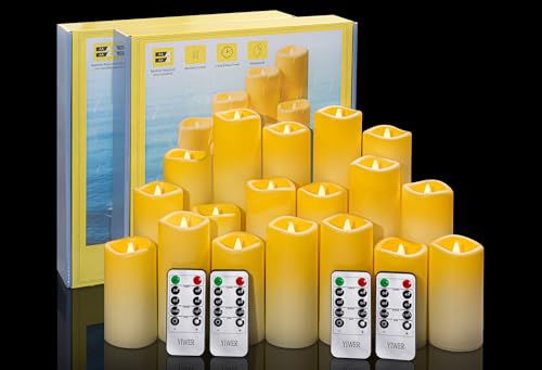 Image of YIWER Plastic Waterproof Flameless Candles Set of 18: Battery Operated Candles Ivory Flickering Pillar Candles Include 4 inch /5 inch /6 inch /7 inch /8 inch /9 inch with 10-Key Remote 2 /4 /6 /8H Timer Function