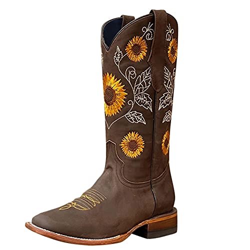 Cowboy Boots for Womens Riley Western Boot Retro Boot Sunflowers Embroidery SquareToe Chunky Stacked Mid-Calf Pull On Boots