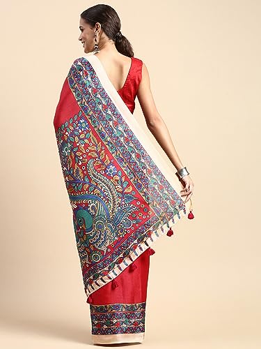 Image of RANI SAAHIBA Women's Art Silk Kalamkari Saree With Blouse Piece