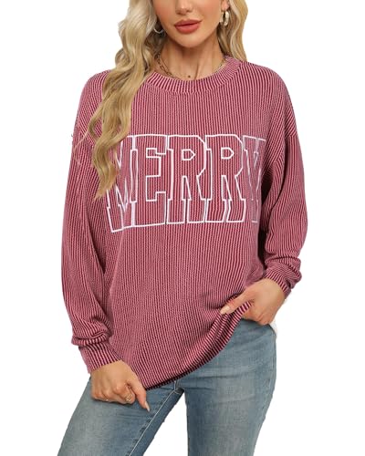 Women Merry Shirt Christmas Long Sleeve Shirt Merry Letter Print Pullover Holiday Sweatshirt Xmas Gifts Pullover Top