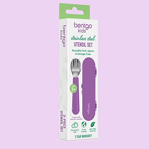 Image of Bentgo Kids Stainless Steel Utensil Set - Reusable Fork, Spoon & Storage Case, PFAS- & BPA-Free, Easy-Grip Handles, Lightweight, Dishwasher Safe, School Lunch, Travel & Outdoors (Purple)