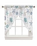 Epetloutys Summer Coastal Swag Curtain Valances for Windows, Teal Shell Starfish Nautical Beach Swag Kitchen Curtains for Living Room/Bedroom, Ocean Coral Tier Window Treatments 2 Panels, 28 x 36 Inch