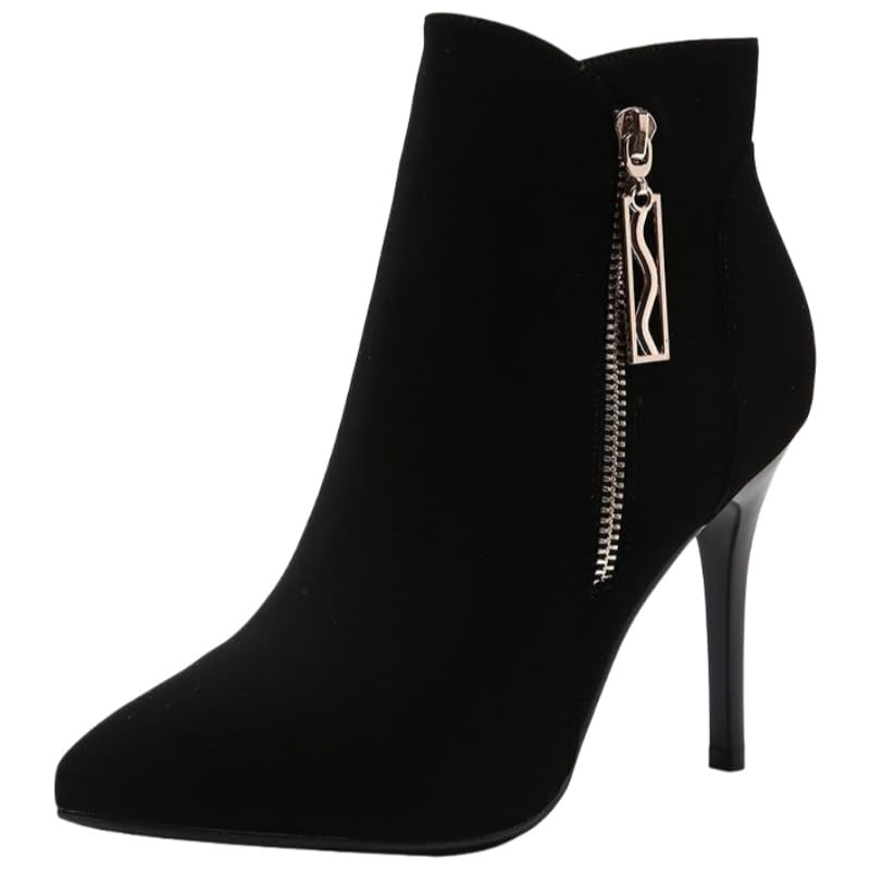 Womens plush pointed-toe short boots with side zipper design rubber sole casual and comfortable