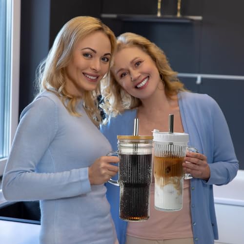 Image of Birity 24oz Ribbed Glass Cup with Lids and Straws,2Pack Glass Tumbler with Handle,Reusable lced Coffee Cups with lids-Glass Cups with Lids,Mason Jar Cup for Smoothie,Coffee,Juice,Water,Tea,Travel Mug