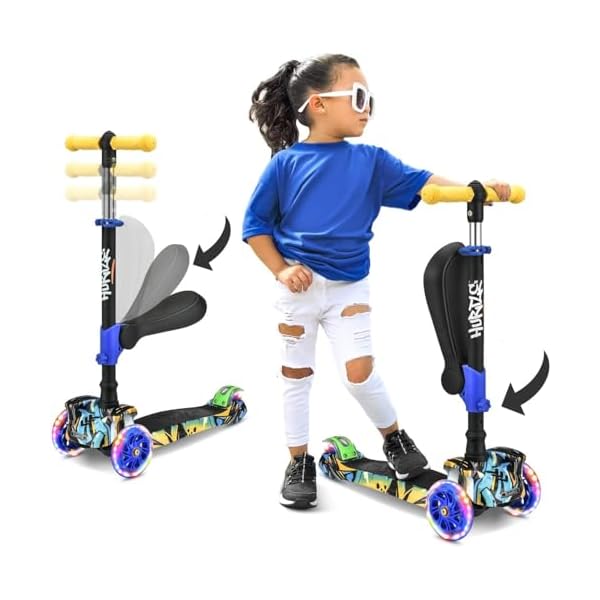Scooter für Kinder – Räder LED-Lichter, Verstellbarer Lenker, klappbarer Sitz – Sitz- oder Stehfahrt mit Bremse für Jungen