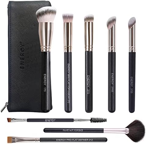 ENERGY Makeup Brushes Premium Synthetic Foundation Powder Concealers Eye Shadows Mascara Eyeliner Brow Fan Blush Makeup Brush Set with PU Cosmetic Bag,Professional Make Up Kit Black 8 Pcs