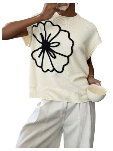 Image of SOLY HUX Women's Short Sleeve Sweater 3D Floral Sweaters Pullover Tank Tops Knit Vest Trendy Fashion Clothing