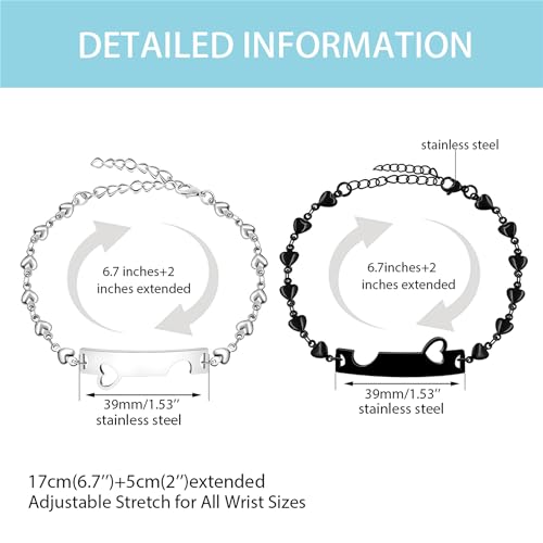 Image of 2 Couple Bracelets for men women, Love /Koi Fish /Gossip Jigsaw Puzzle Stainless Steel Heart-shaped Chain Adjustable Bracelet for Boyfriend Girlfriend Valentine's Day Gift Jewelry