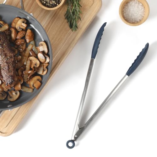 Image of Calphalon Kitchen Tongs, Stainless Steel Locking Tongs with Heat-Resistant Silicone Heads, Nonstick-Safe Cooking Tongs for Grilling, Serving & Food Prep, Navy Blue