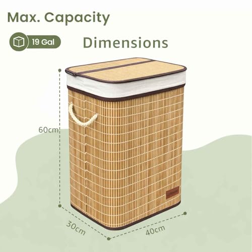 Image of Luxe Home Laundry Basket for Clothes, Premium Bamboo Big Storage Bag with Chain Lid Multipurpose Used In Laundry Rooms, Bedrooms, Bathrooms (40x30x60 cm, Natural)