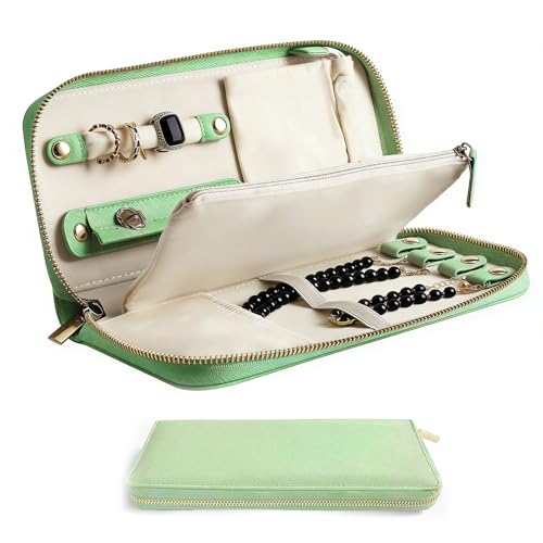 DHSUN Travel Jewelry Organizer, Small Tangle-Free Case for Necklaces, Jewellery,Earrings, Rings, Bracelets, Fashion Portable Jewelry Travel bags for Women,Macaron Green
