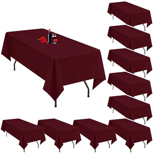 10 Pack Burgundy Tablecloth for 6 Foot Rectangle Tables - 60 x 102 Inch Washable Linen Polyester Fabric - Burgundy Table Cloths for Parties, Wedding Banquet