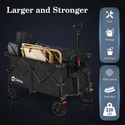 Sekey Collapsible Foldable Wagon With 220Lbs Weight Capacity, Heavy Duty Folding Utility Garden Cart With Big All-Terrain Beach Wheels & Drink Holders. Black #TOP4