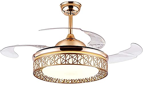 42" FZZXOO Invisible Ceiling Fan with Remote, Ceiling Fan with Retractable Acrylic Blades Innovative Fan Lamp Modern Fan Light for Bedroom Living Room Dining Room Gold Birdcage LED chandelier Fan