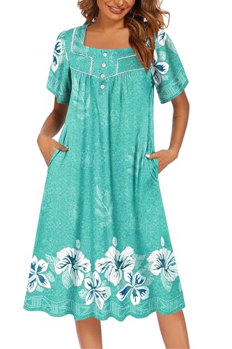 Image of Ekouaer Women's House Dress with Pocket Button Mumus | Short Sleeve Nightgown, Floral Print Mumu Dresses, Square Casual Sleepwear, Boho Roomy Housecoat, Plus Size Soft Sleepwear