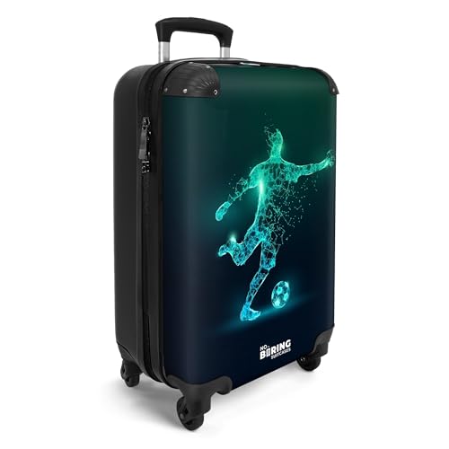 NoBoringSuitcases.com® Handgepäck Koffer Kinder 55x35x20 cm Reisekoffer Kinderkoffer 4 Rollen Leicht Cabin Kindertrolley Reise Hartschalenkoffer Fußball - Blau - Neon