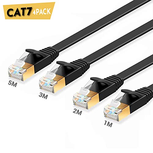 ULTRICS CAT7 Ethernet Cable (4 Pack), High Speed 10Gbps Flat RJ45 Network LAN Cord, Gold Plated Plug STP Wire, Patch Internet Lead Compatible with PS4, Xbox, Router, Modem, Switch, PC  Black