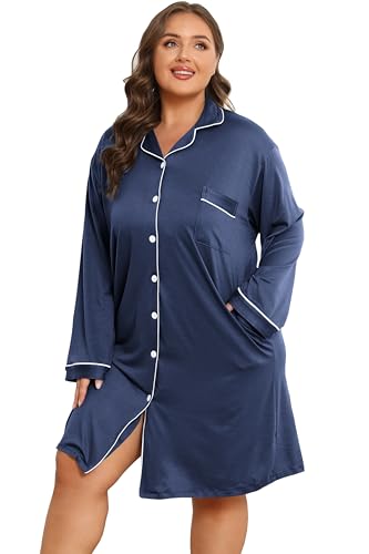 Image of Vozanet Women Button Down Nightgown Plus Size Nursing Nightshirt Long Sleeve Nighty Bridal Dress with Pockets XL-5XL