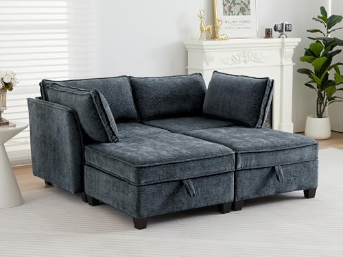 Image of ORRD Sleeper Modular Sectional Sofa Set, Convertible Couch Bed with Storage, 4 Seater and 2 Armrestes Sofa Modular for Living Room, Office (Blue Grey)