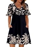Zeagoo Summer Dress for Womens A Line Dresses Short Sleeve Dress with Pockets Women Petite Dresses V Neck Flowy Shift Dress Leaf Print M