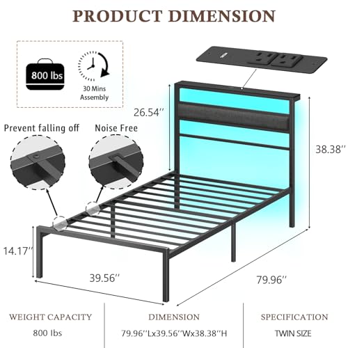 Image of OURPIC Twin Bed Frames for Kids, Metal Platform Bed Frame Twin Size with Charging Station and LED Lights, Upholstered Headboard and Storage Shelf, No Box Spring Needed, Easy Assembly