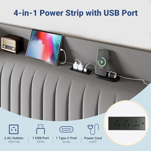 Image of Allewie King Size Platform Bed Frame with USB Charging Station and Storage Shelf /Upholstered Velvet Wingback Headboard /Wooden Slats Support /No Box Spring Needed /Easy Assembly, Grey
