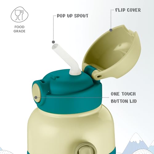 Image of Milton Steel Indus 600 Thermoware PU Insulated, 500 ml Water Bottle with Straw for Kids, Leak Proof Flip Top Sipper Lid Bottle, School, Picnic, Easy to Carry Belt, Dark Green