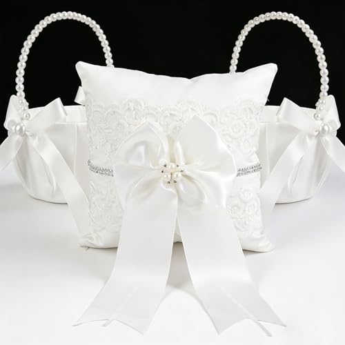 2 Flower Girl Baskets and Ring Bearer Pillows Set Pearl Handle Ivory Fariy