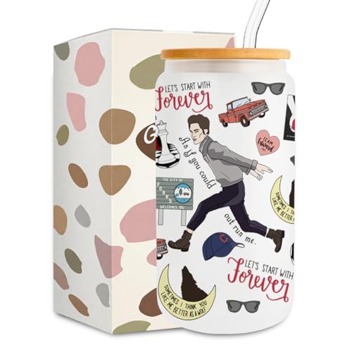 LONGXIN Twilight Merch Edward Movie Inspired Gift Iced Coffee Cup Edw Vampire Gift TV Show Inspired Gifts for Girls Vampire Lover Edward Bella Fans Movie Lovers 16oz Glass Cup with Lid and Straws